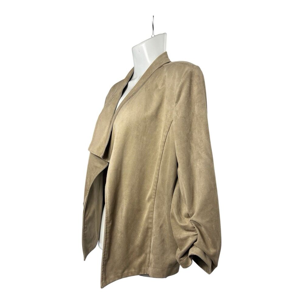 Roz & Ali Women Open Blazer Jacket Large Tan Faux Suede Ruched 3/4 Sleeve Casual